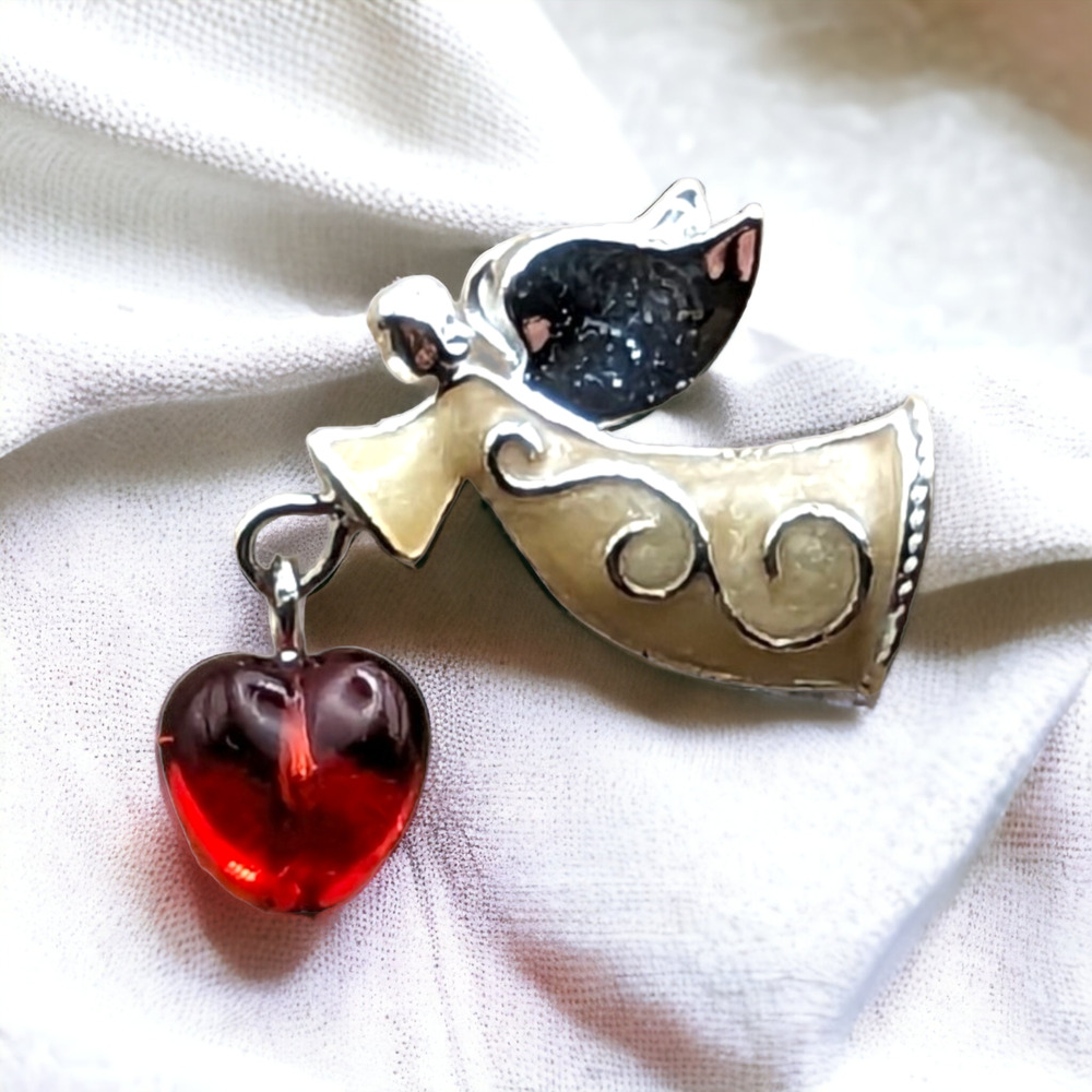 Flying Angel Red Heart Dangle Enamel Silver Tone Scroll Vtg Hat Lapel Pin
